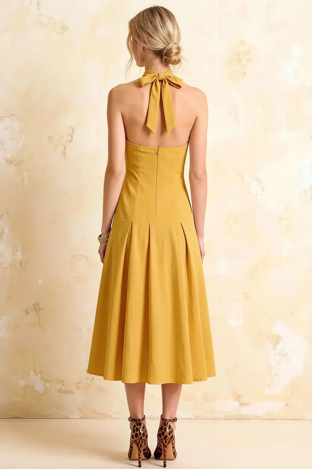 Harper Golden Deep V Neck Midi Dress with Drop Waist