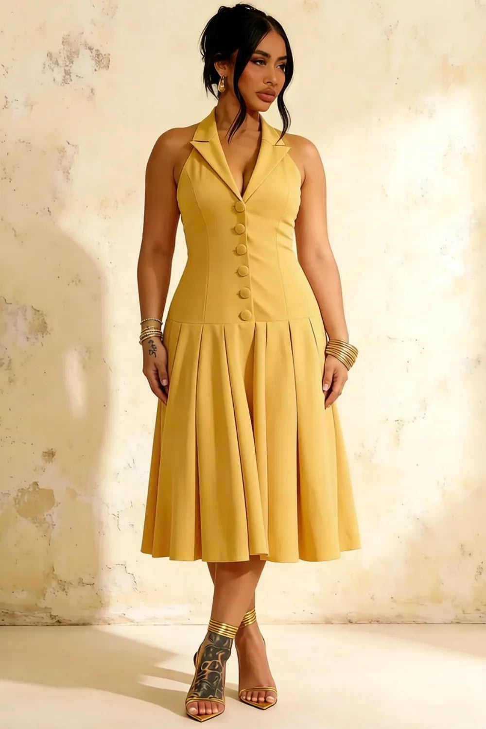Harper Golden Deep V Neck Midi Dress with Drop Waist