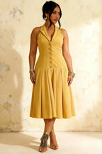 Harper Golden Deep V Neck Midi Dress with Drop Waist