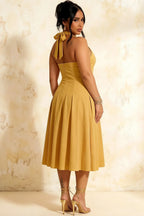 Harper Golden Deep V Neck Midi Dress with Drop Waist