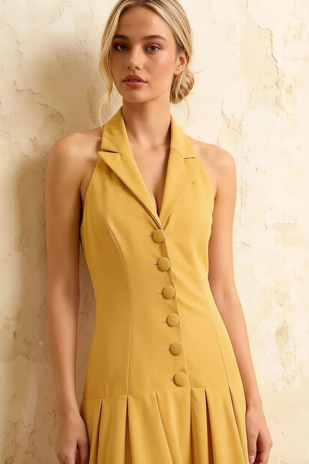 Harper Golden Deep V Neck Midi Dress with Drop Waist