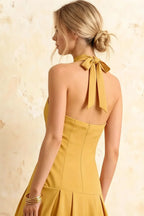 Harper Golden Deep V Neck Midi Dress with Drop Waist