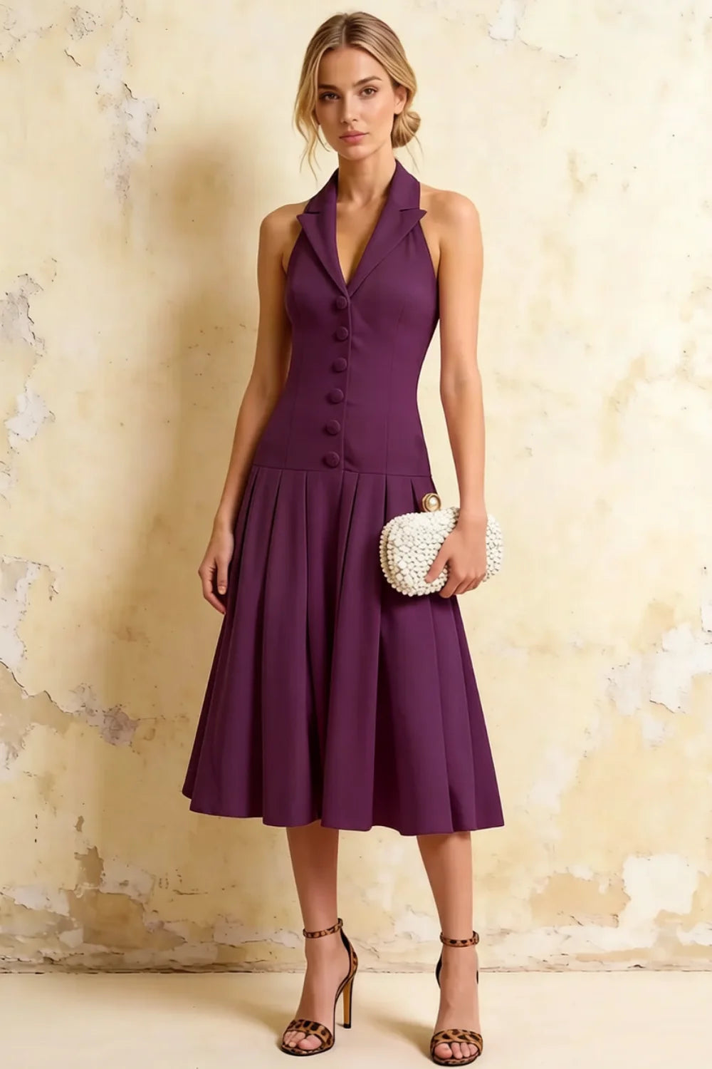 Harper Grape Midi V Neck Sleeveless Dress with Drop Waist