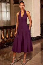 Harper Grape Midi V Neck Sleeveless Dress with Drop Waist