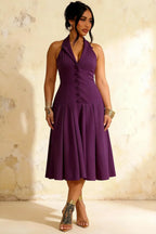Harper Grape Midi V Neck Sleeveless Dress with Drop Waist