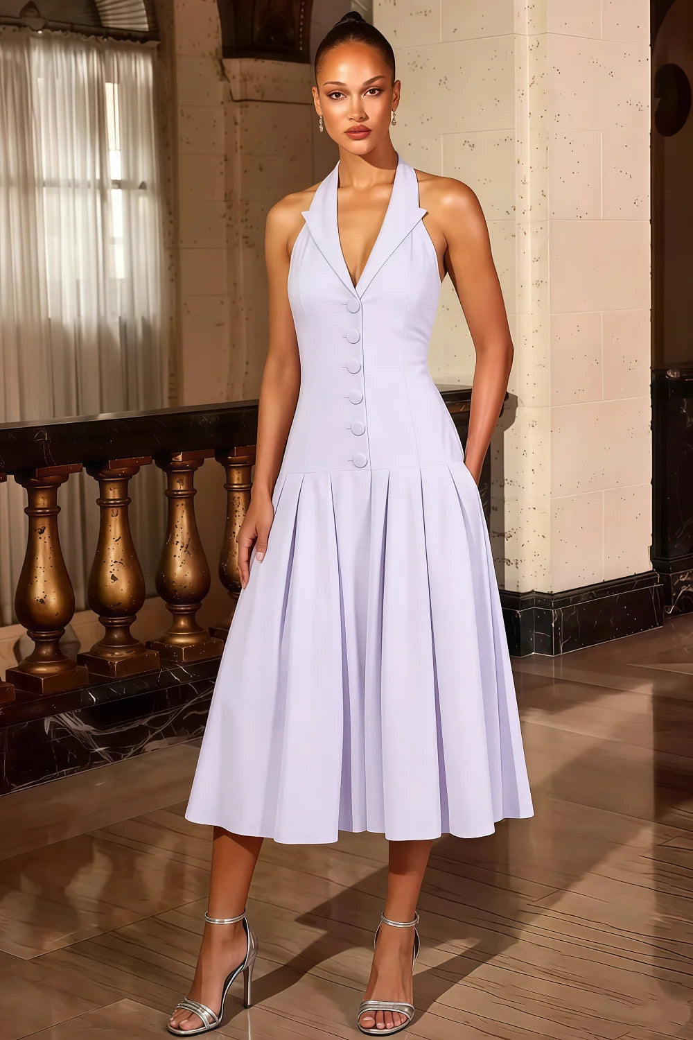 Harper Lavender A Line V Neck Midi Dress with Drop Waist Secondary image