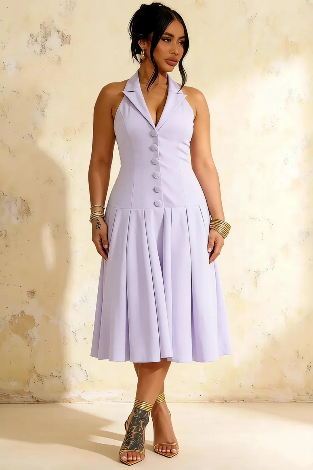 Harper Lavender A Line V Neck Midi Dress with Drop Waist