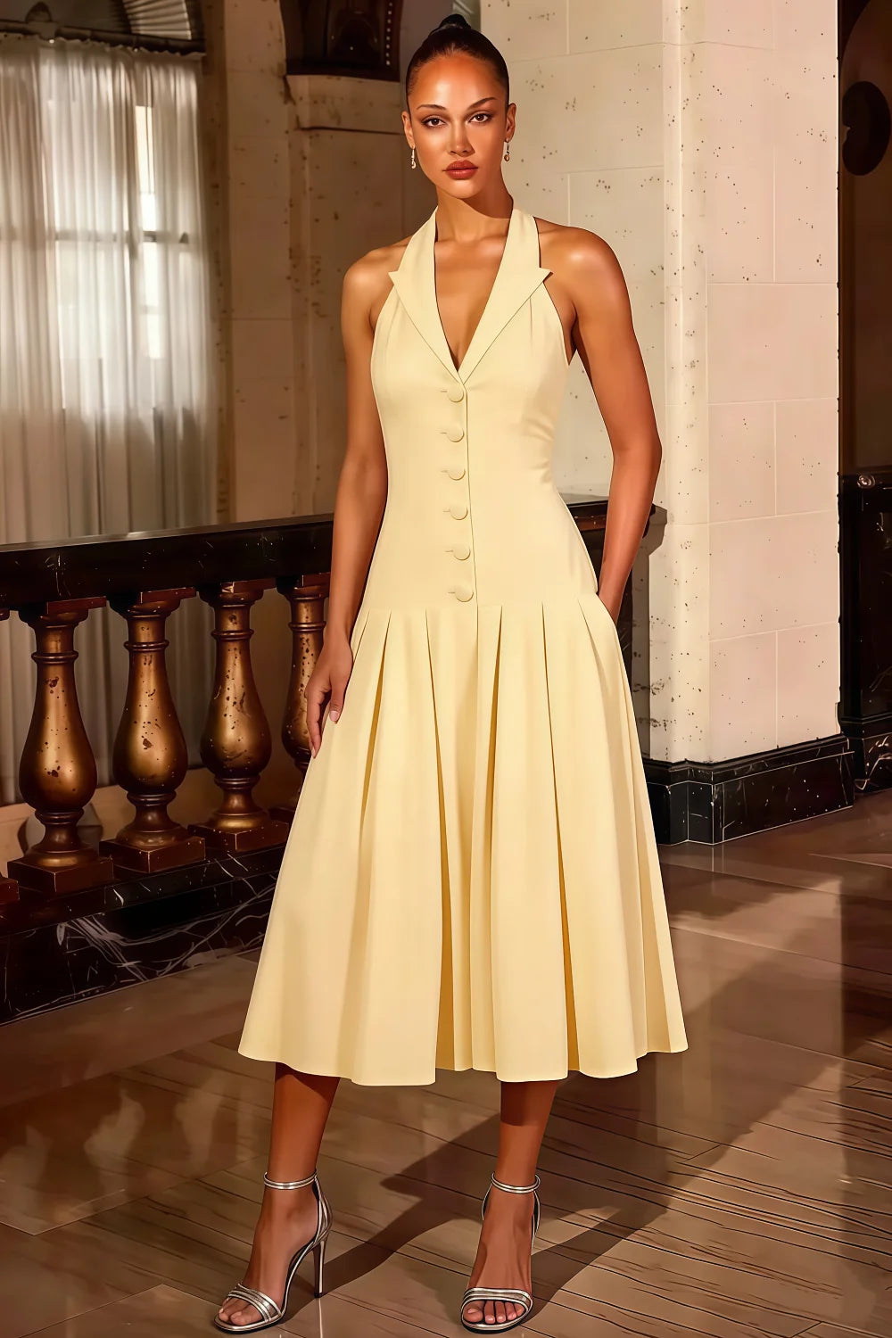 Harper Lemon Casual V Neck Midi Dress | Drop-Waist Halter Secondary image