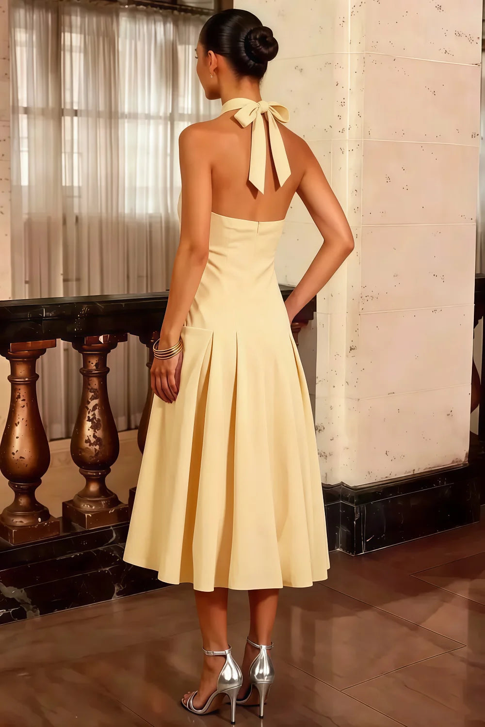 Harper Lemon Casual V Neck Midi Dress | Drop-Waist Halter