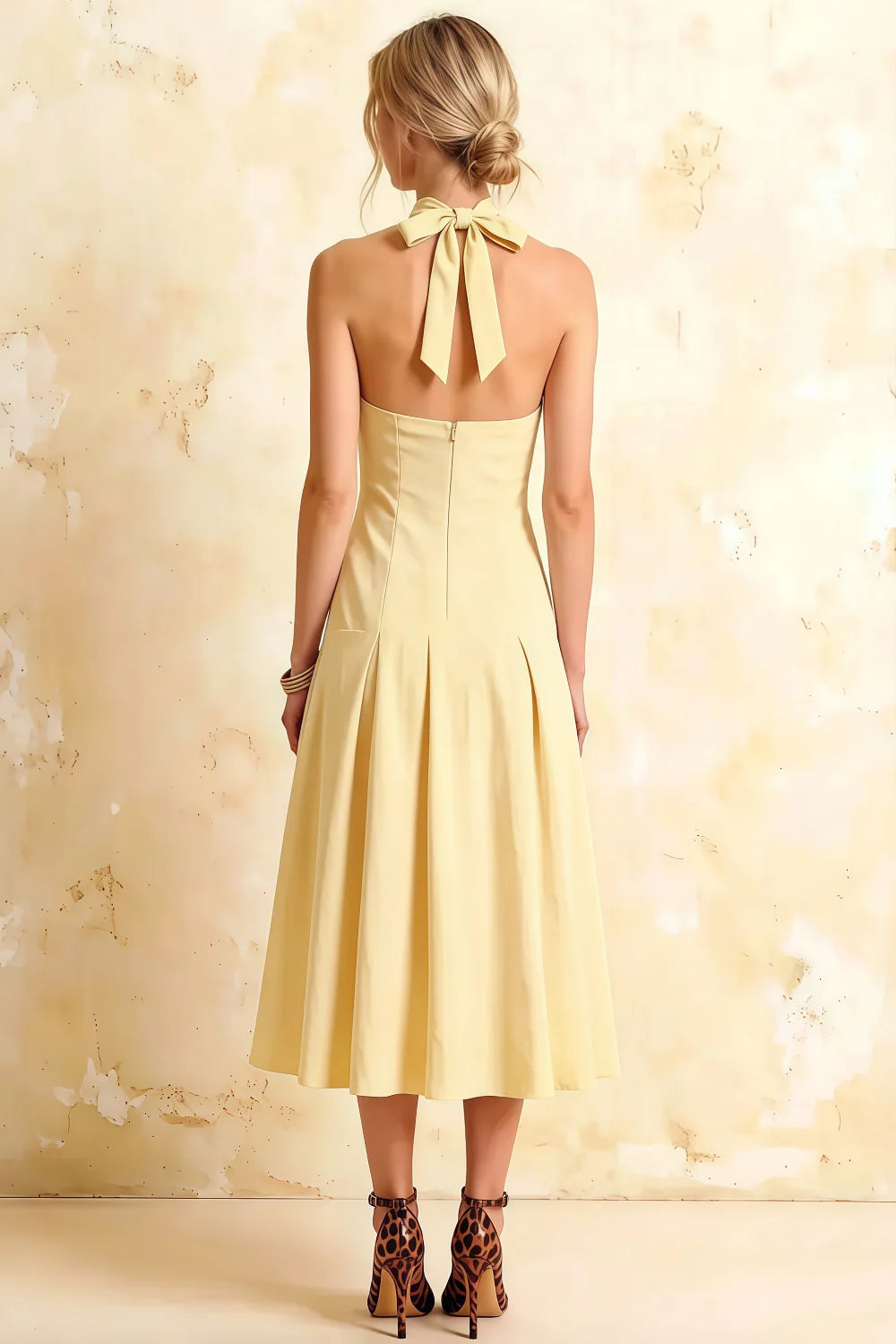 Harper Lemon Casual V Neck Midi Dress | Drop-Waist Halter