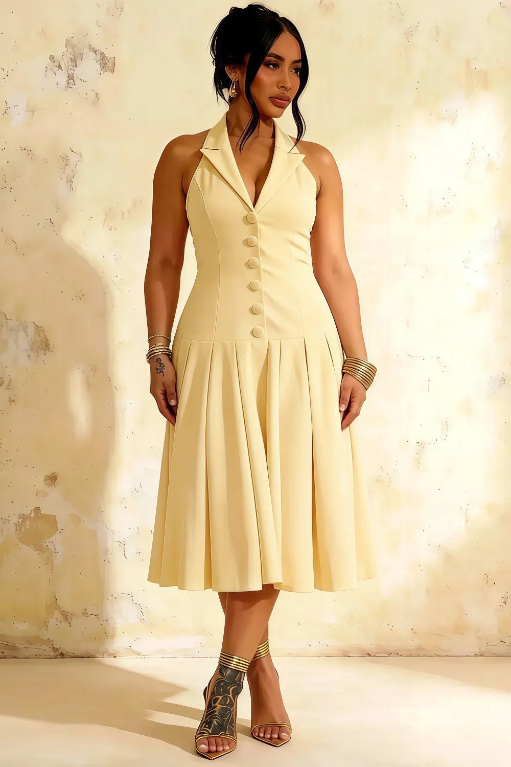 Harper Lemon Casual V Neck Midi Dress | Drop-Waist Halter