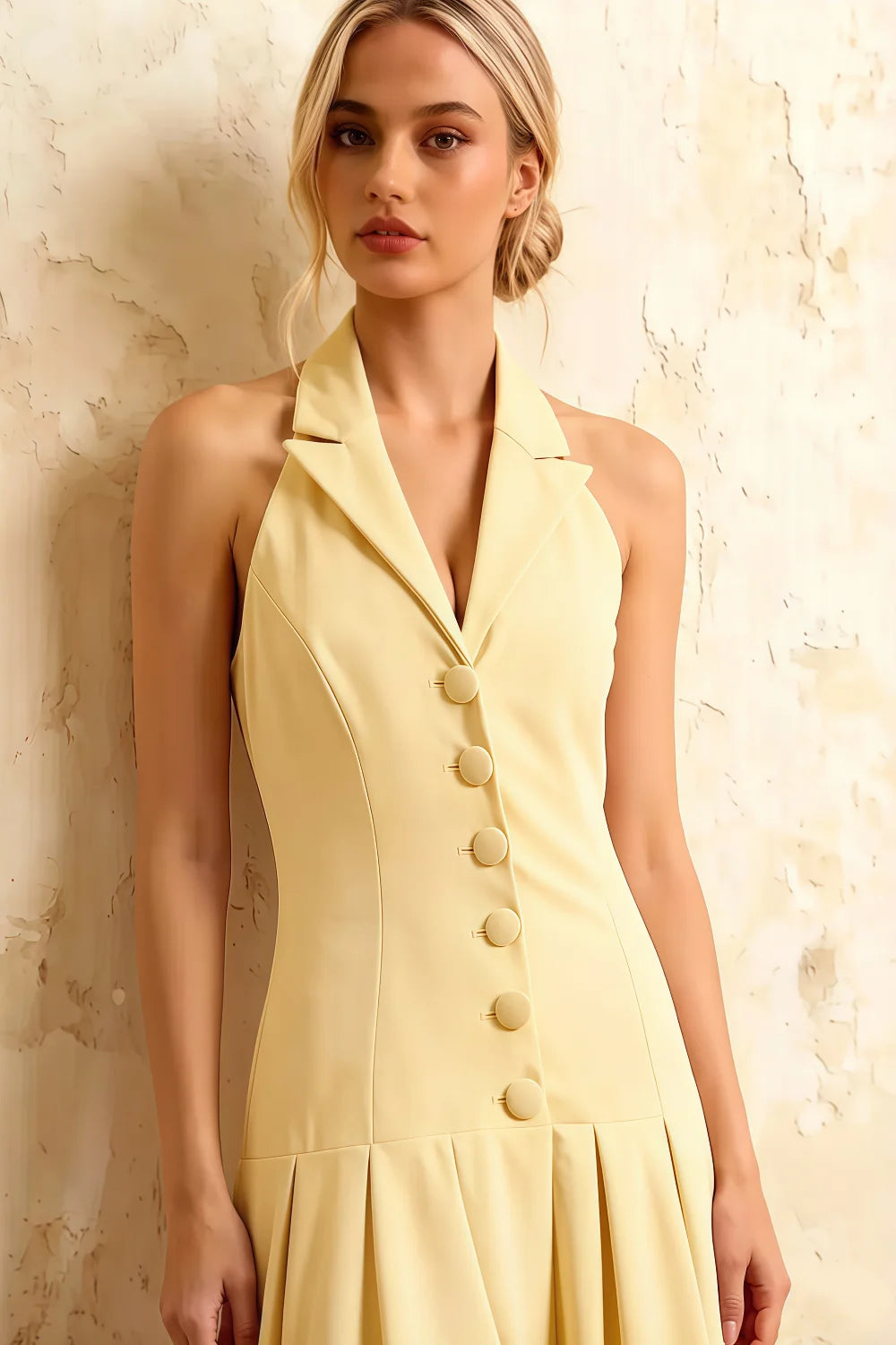 Harper Lemon Casual V Neck Midi Dress | Drop-Waist Halter