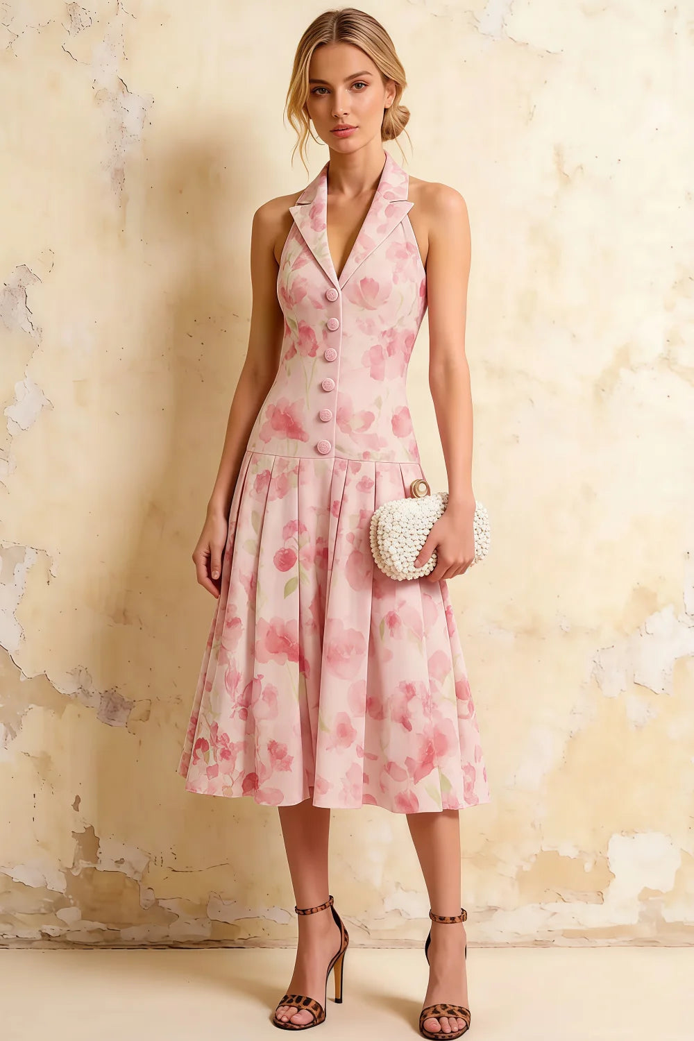 Harper Light Pink Floral V Neck Midi Dress with Drop Waist