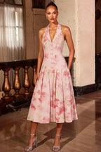 Harper Light Pink Floral V Neck Midi Dress with Drop Waist