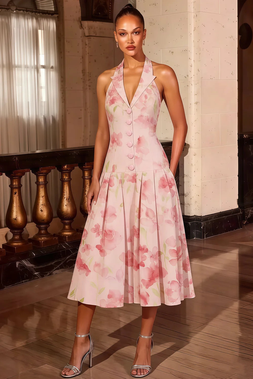 Harper Light Pink Floral V Neck Midi Dress with Drop Waist