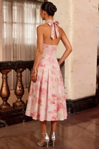 Harper Light Pink Floral V Neck Midi Dress with Drop Waist
