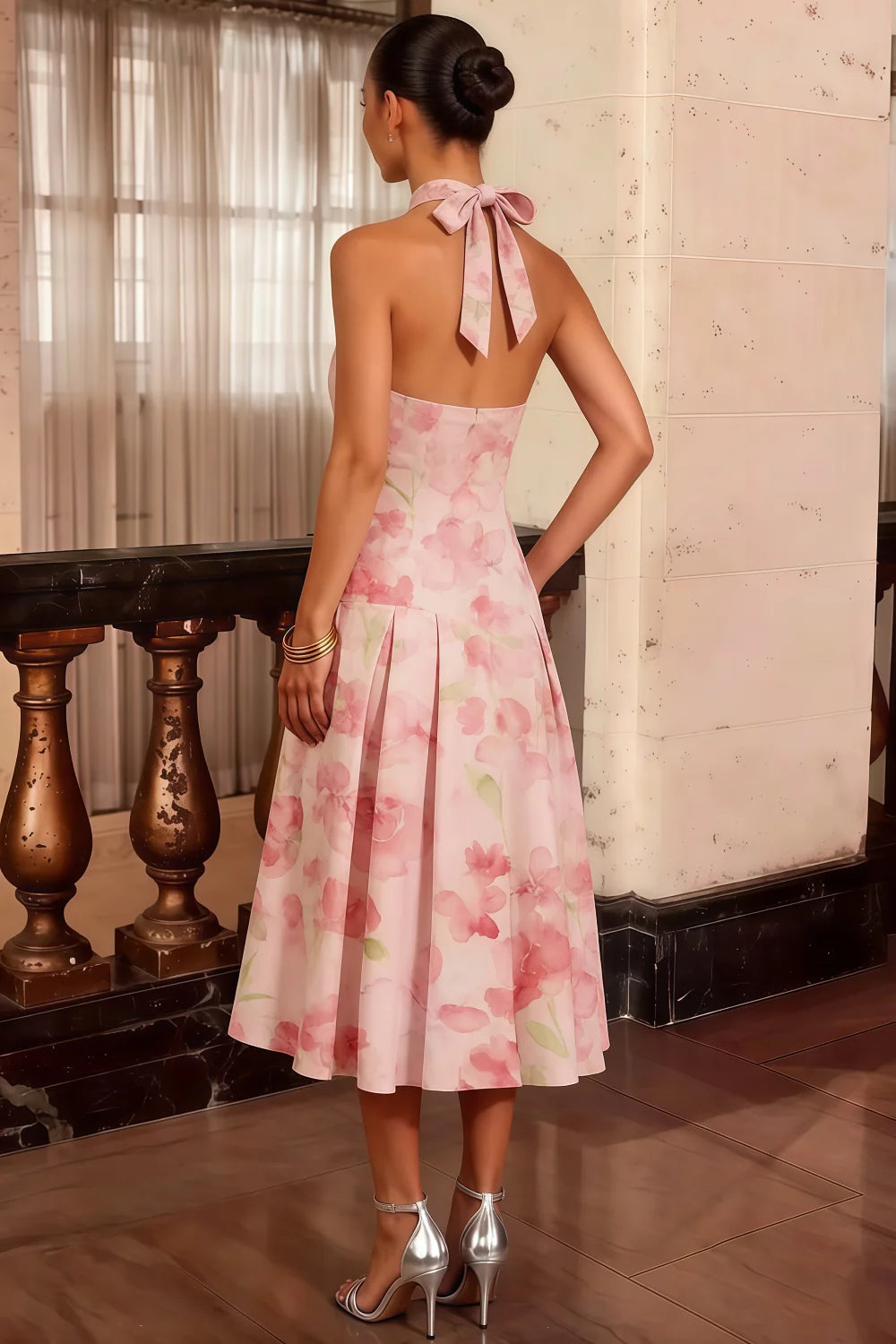 Harper Light Pink Floral V Neck Midi Dress with Drop Waist