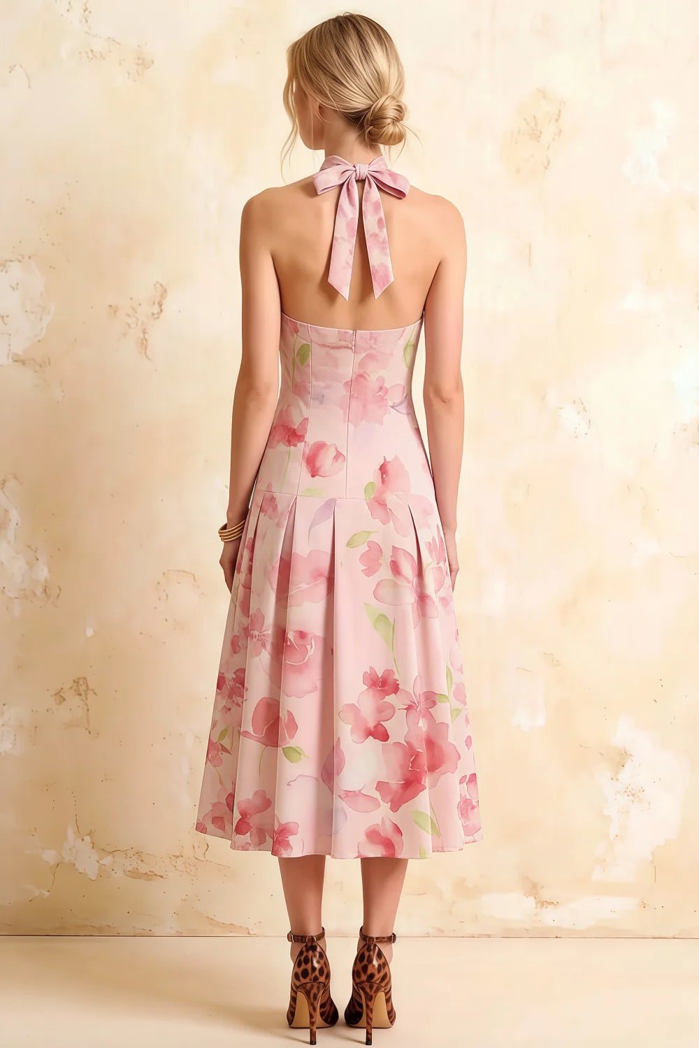 Harper Light Pink Floral V Neck Midi Dress with Drop Waist