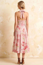 Harper Light Pink Floral V Neck Midi Dress with Drop Waist