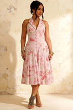 Harper Light Pink Floral V Neck Midi Dress with Drop Waist