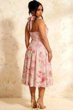 Harper Light Pink Floral V Neck Midi Dress with Drop Waist