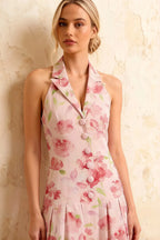 Harper Light Pink Floral V Neck Midi Dress with Drop Waist