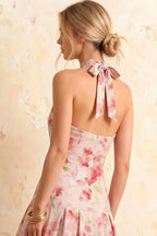 Harper Light Pink Floral V Neck Midi Dress with Drop Waist