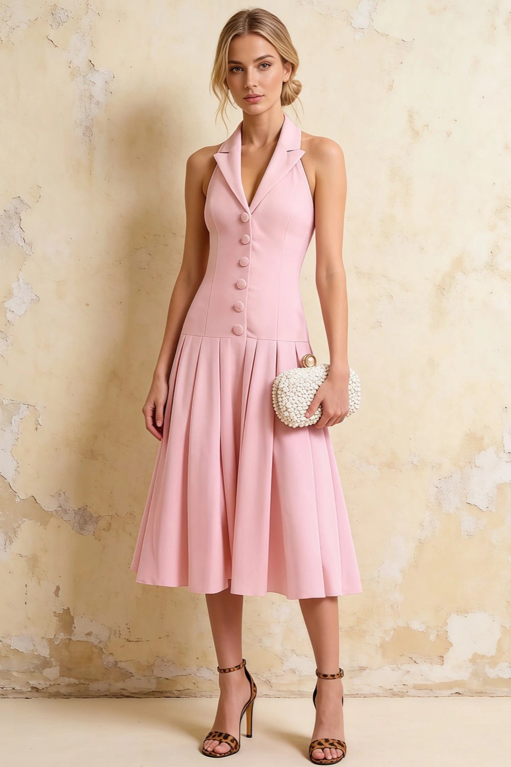 Harper Light Pink V Neck Midi Dress with Drop Waist