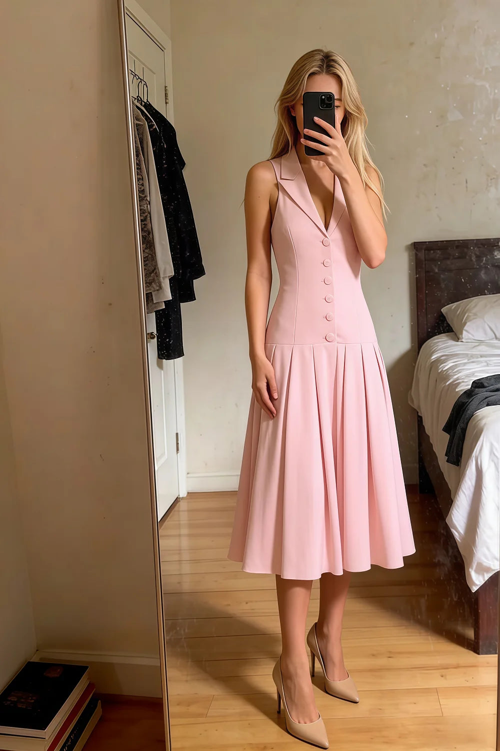Harper Light Pink V Neck Midi Dress with Drop Waist