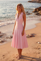 Harper Light Pink V Neck Midi Dress with Drop Waist