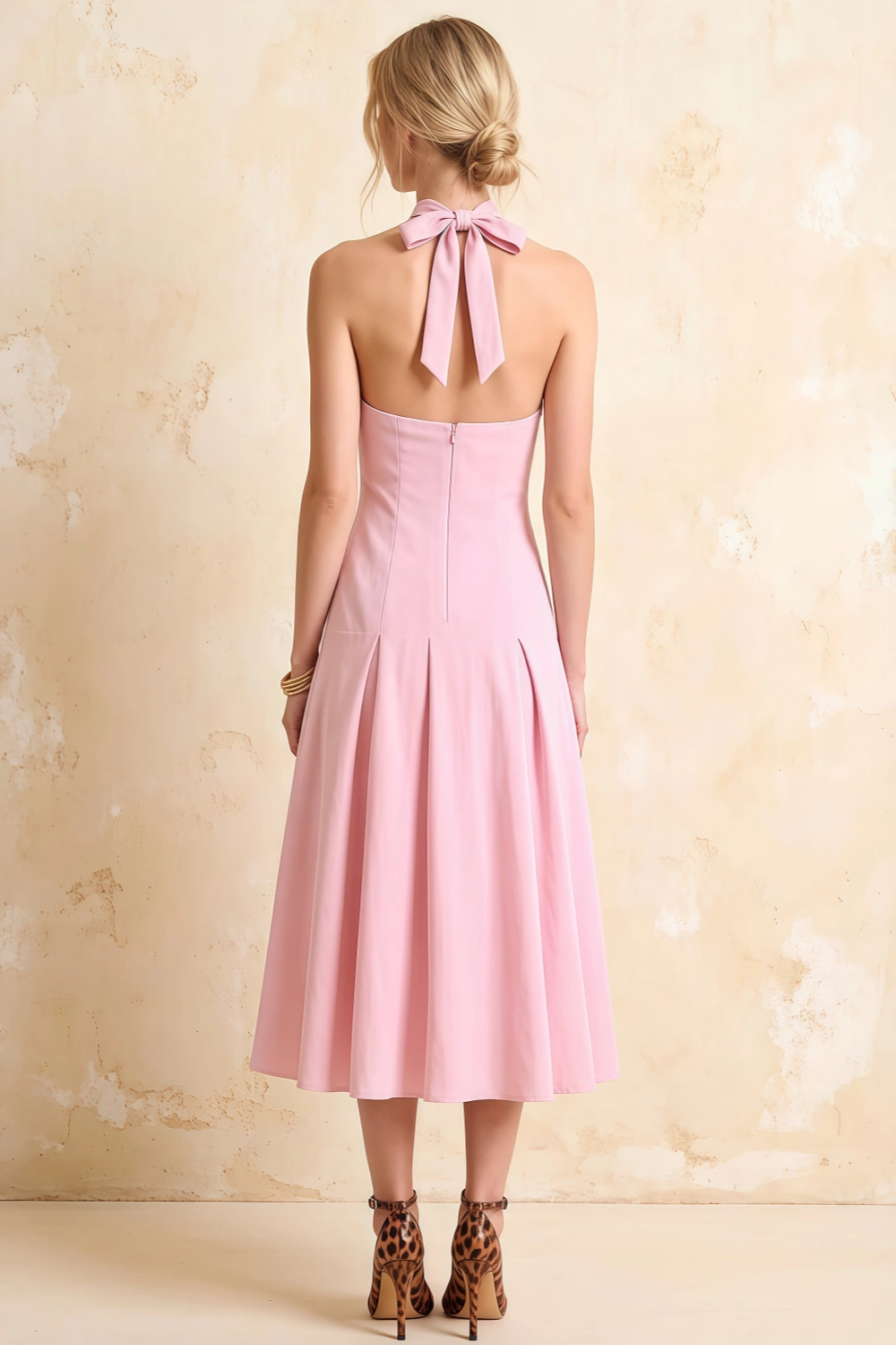 Harper Light Pink V Neck Midi Dress with Drop Waist