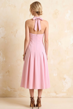 Harper Light Pink V Neck Midi Dress with Drop Waist