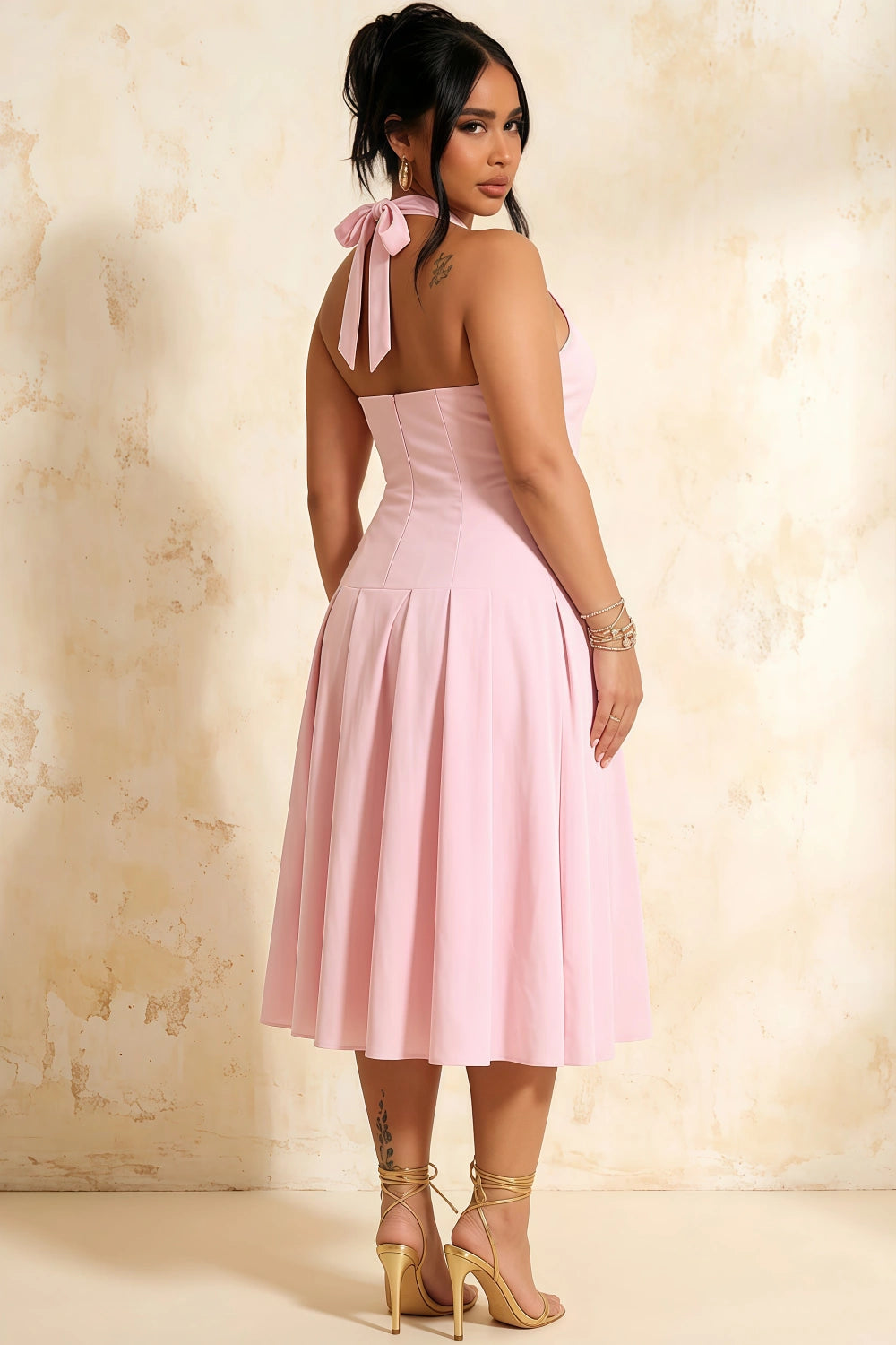 Harper Light Pink V Neck Midi Dress with Drop Waist