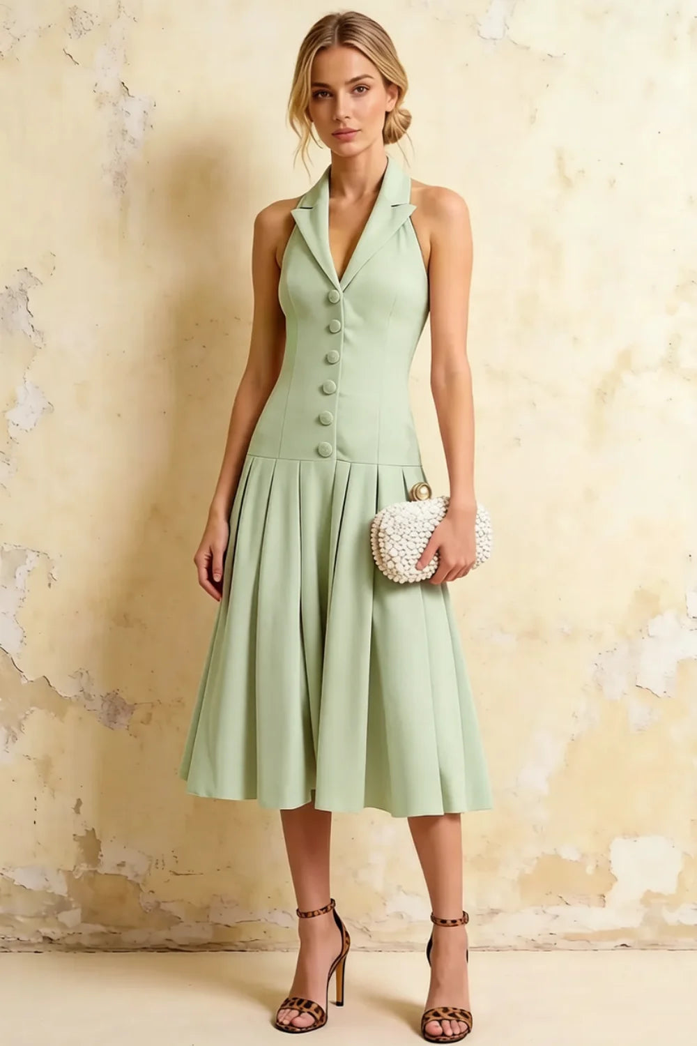 Harper Mint Halter V Neck Midi Dress | Elegant Drop Waist Main image