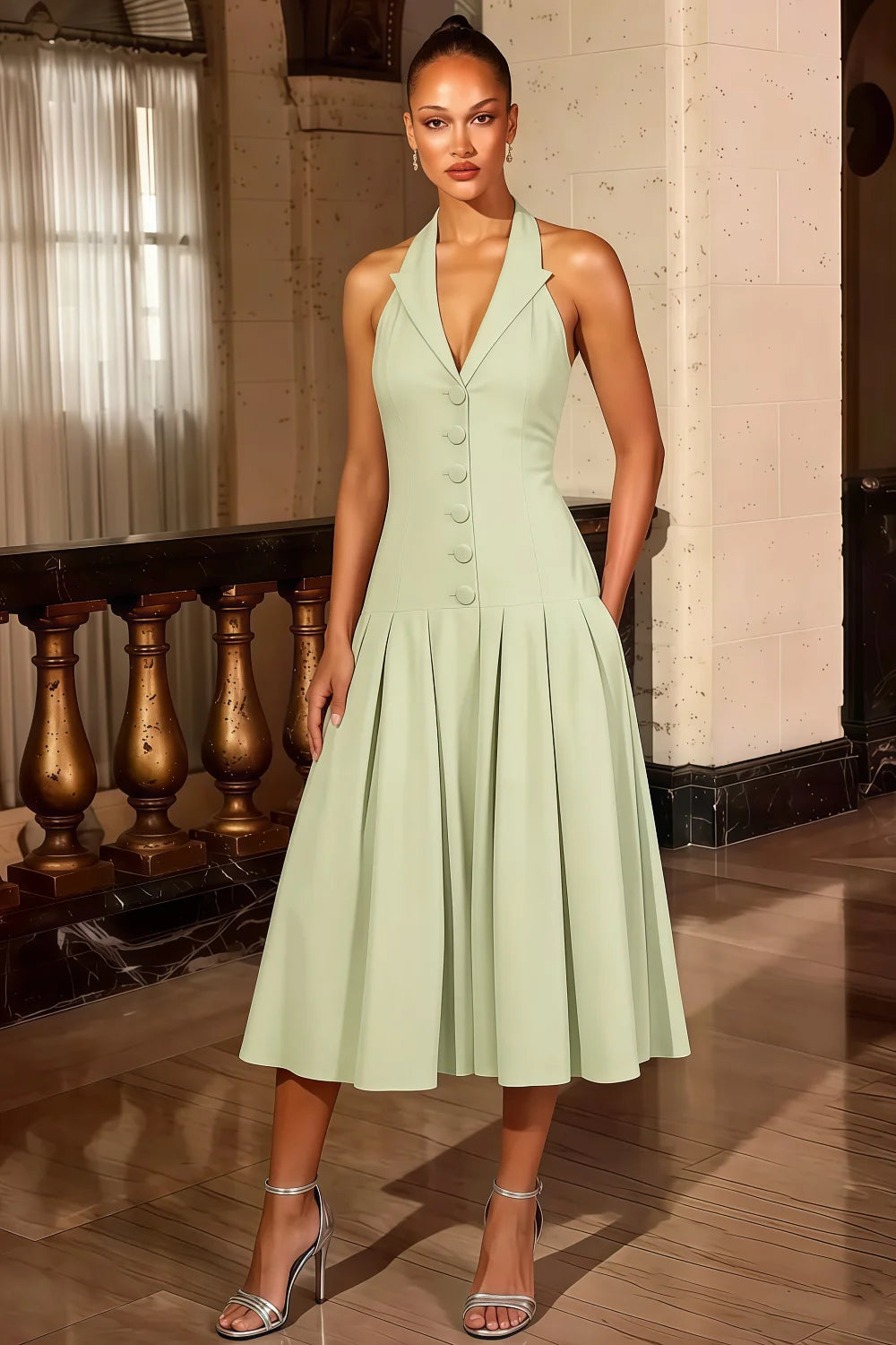 Harper Mint Halter V Neck Midi Dress | Elegant Drop Waist Secondary image