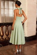 Harper Mint Halter V Neck Midi Dress | Elegant Drop Waist