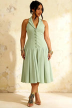Harper Mint Halter V Neck Midi Dress | Elegant Drop Waist