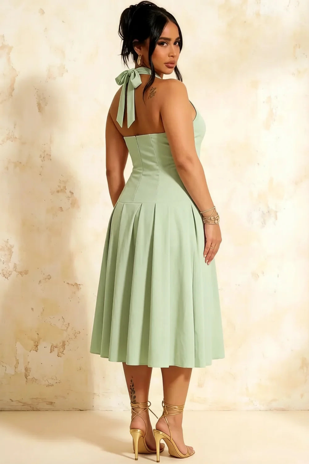 Harper Mint Halter V Neck Midi Dress | Elegant Drop Waist