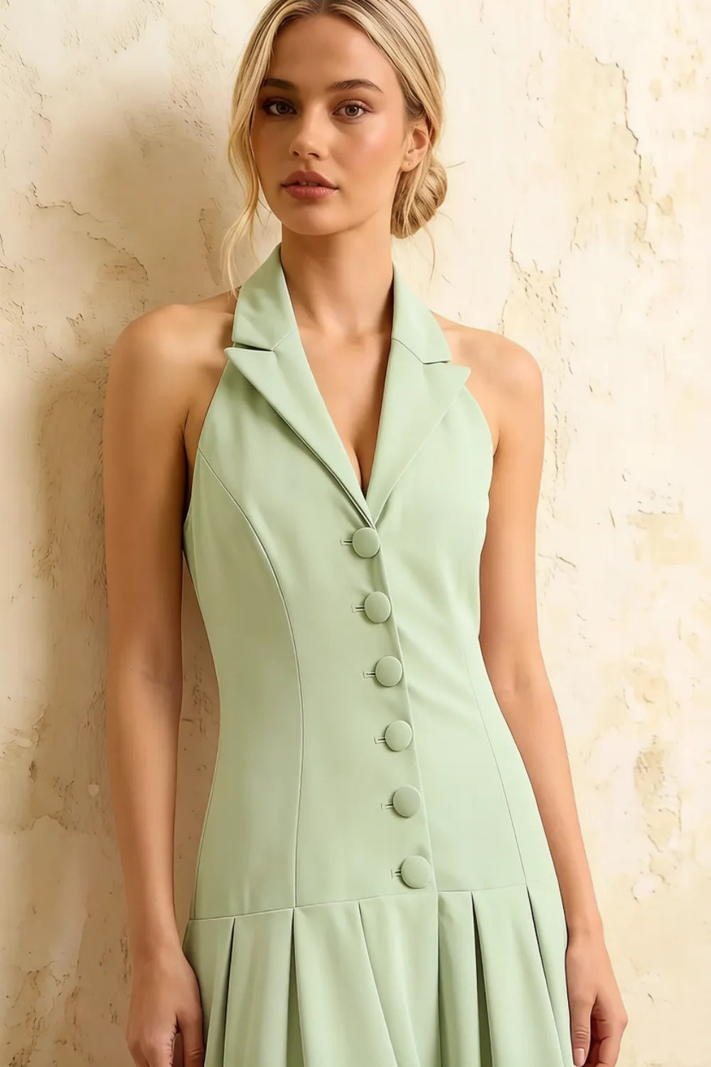 Harper Mint Halter V Neck Midi Dress | Elegant Drop Waist