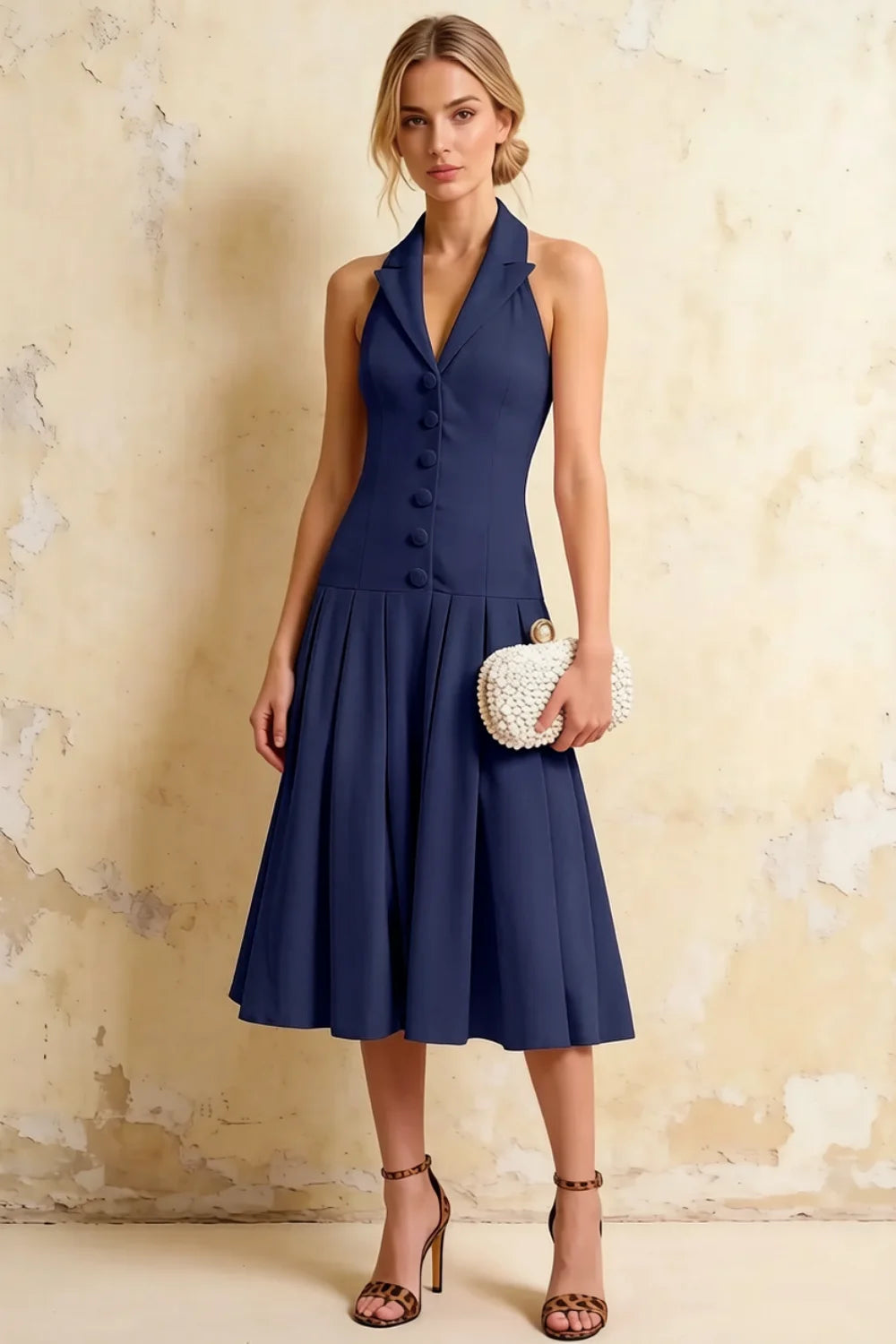 Harper Navy Blue Midi Deep V Neck Dress with Drop Waist