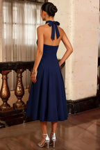 Harper Navy Blue Midi Deep V Neck Dress with Drop Waist