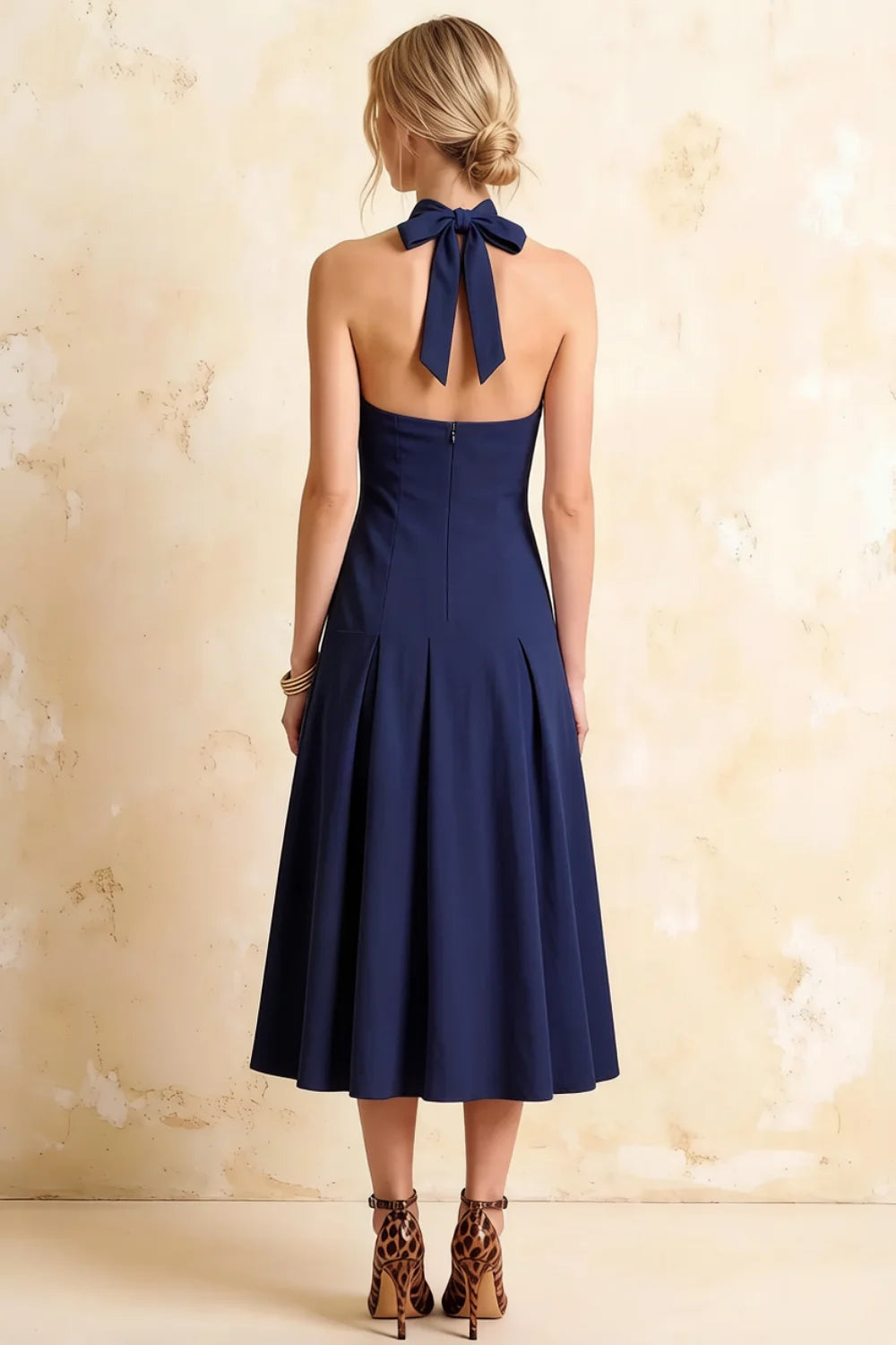 Harper Navy Blue Midi Deep V Neck Dress with Drop Waist