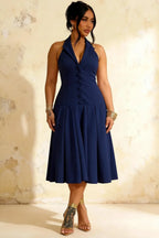 Harper Navy Blue Midi Deep V Neck Dress with Drop Waist