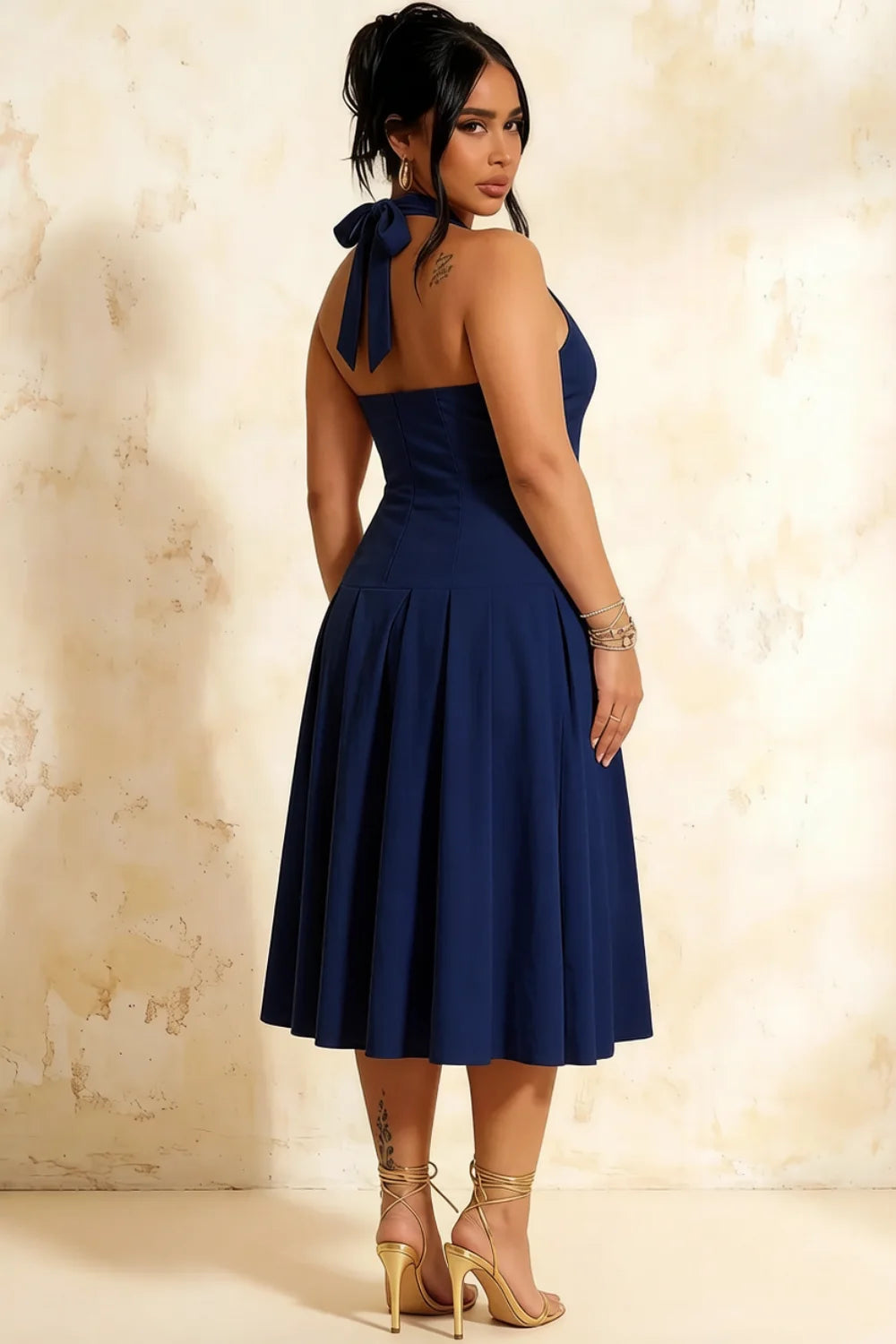 Harper Navy Blue Midi Deep V Neck Dress with Drop Waist