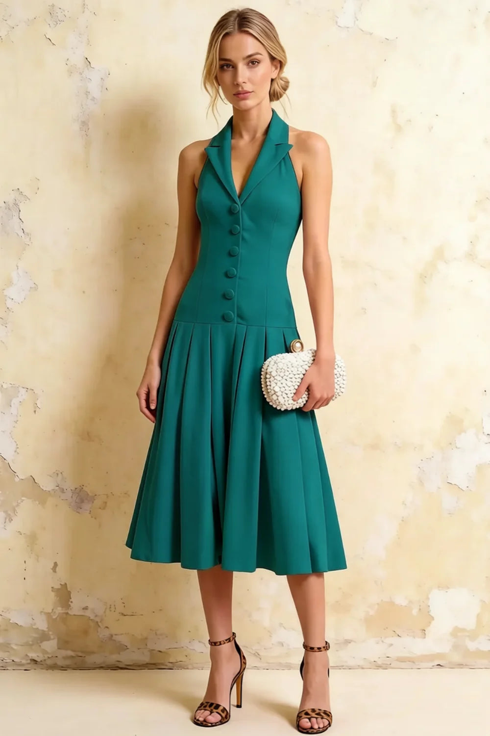 Harper Peacock Midi Deep V Neck Dress with Cleavage