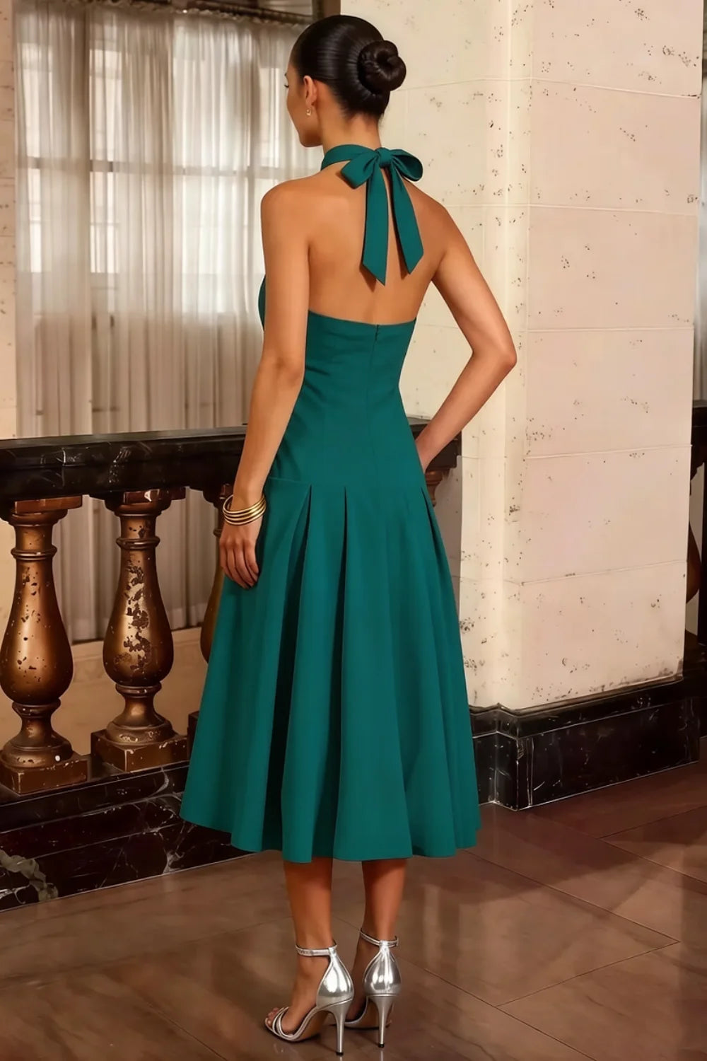 Harper Peacock Midi Deep V Neck Dress with Cleavage