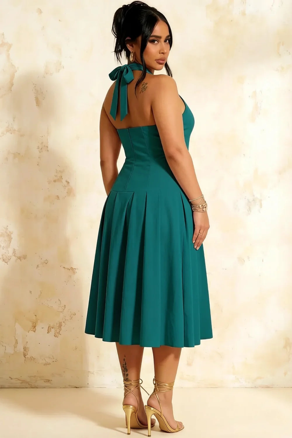 Harper Peacock Midi Deep V Neck Dress with Cleavage