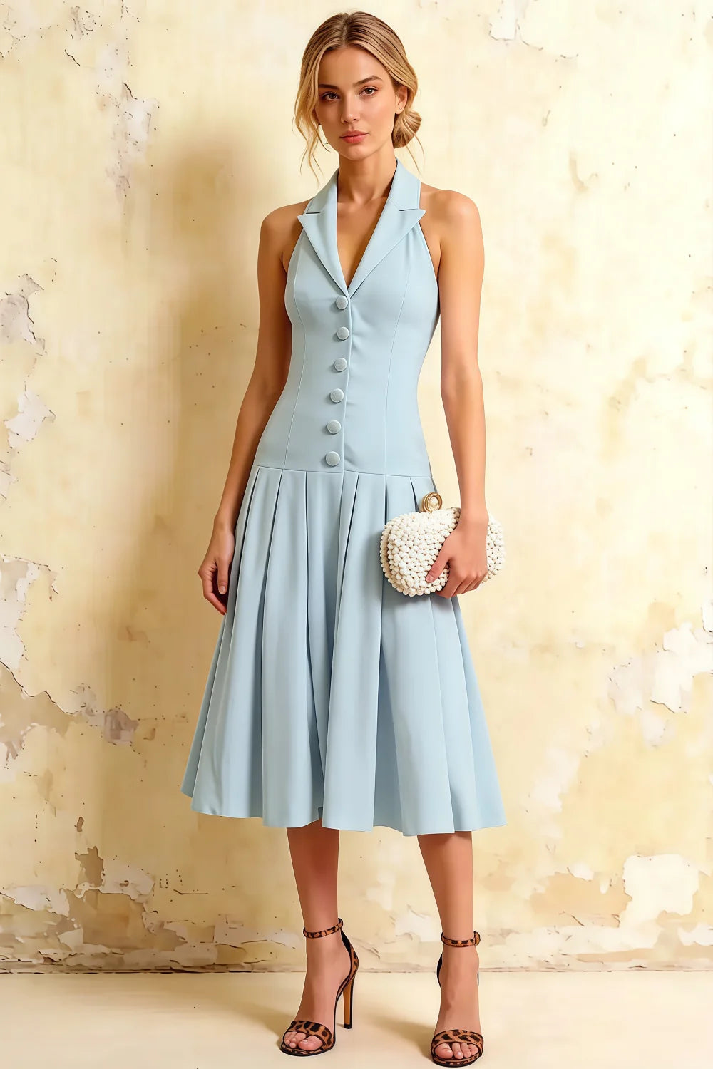 Harper Powder Blue V Neck Midi Dress for Women Main image