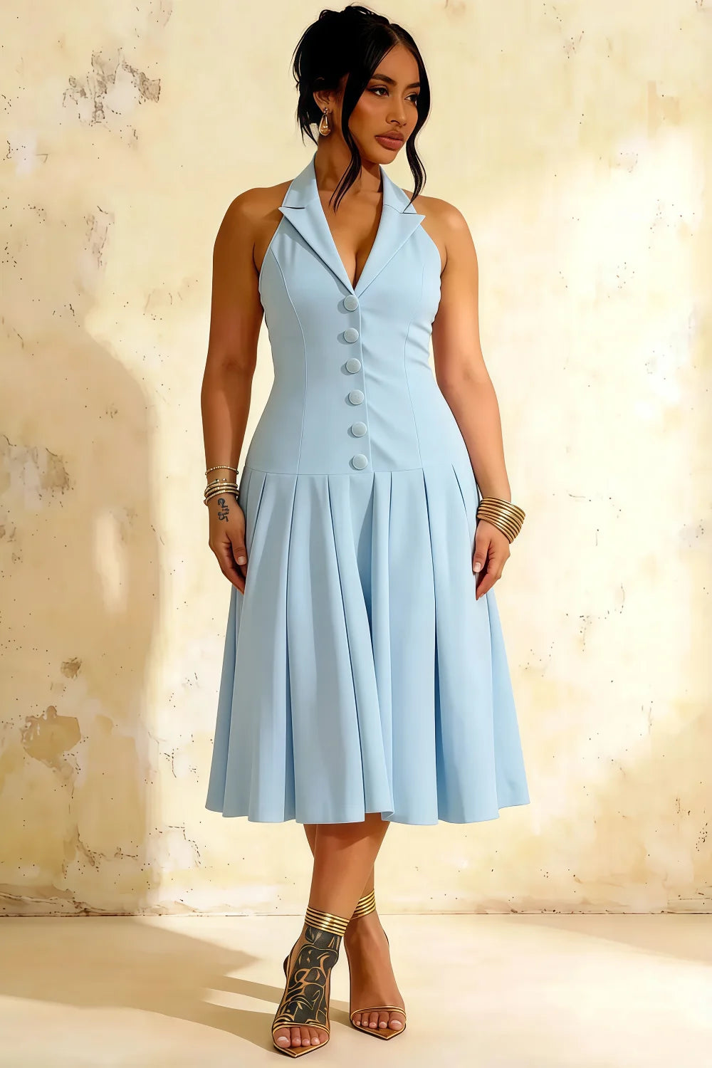 Harper Powder Blue V Neck Midi Dress for Women