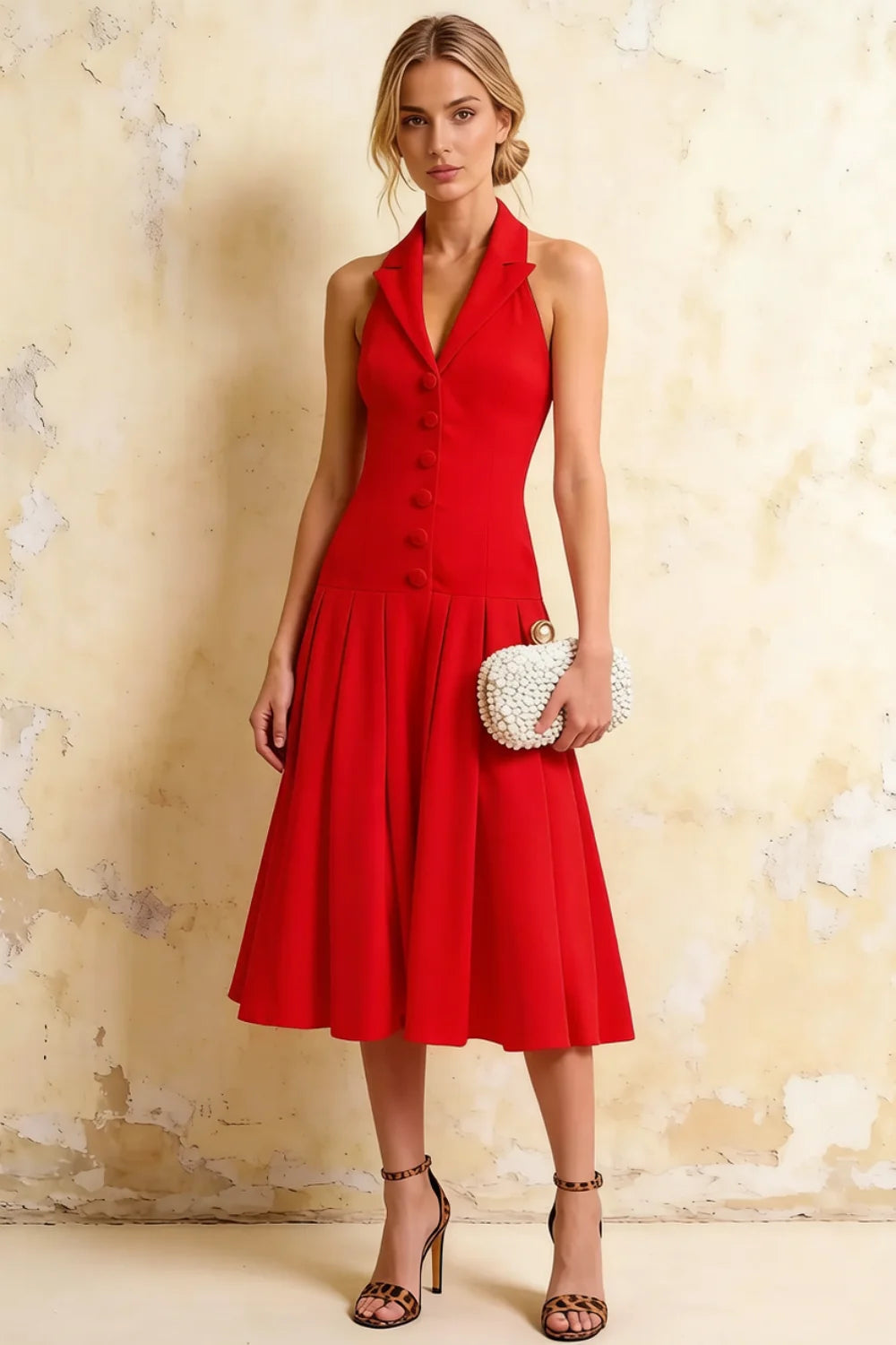 Harper Red Midi V Neck Cocktail Dress | Drop Waist Halter Main image